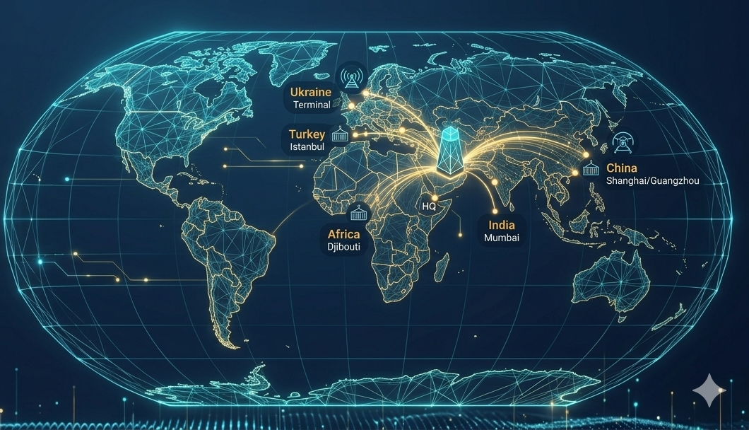 Animated digital world map showing JoVix trade network — UAE headquarters connected to Ukraine, Turkey, China, India and Africa